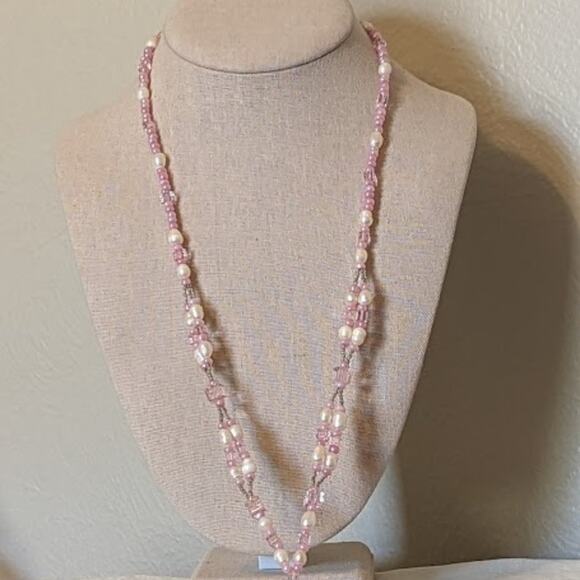 Pink Quartz, Potato Pearls, and Glass Bead Tassel Necklace - Picture 2 of 13